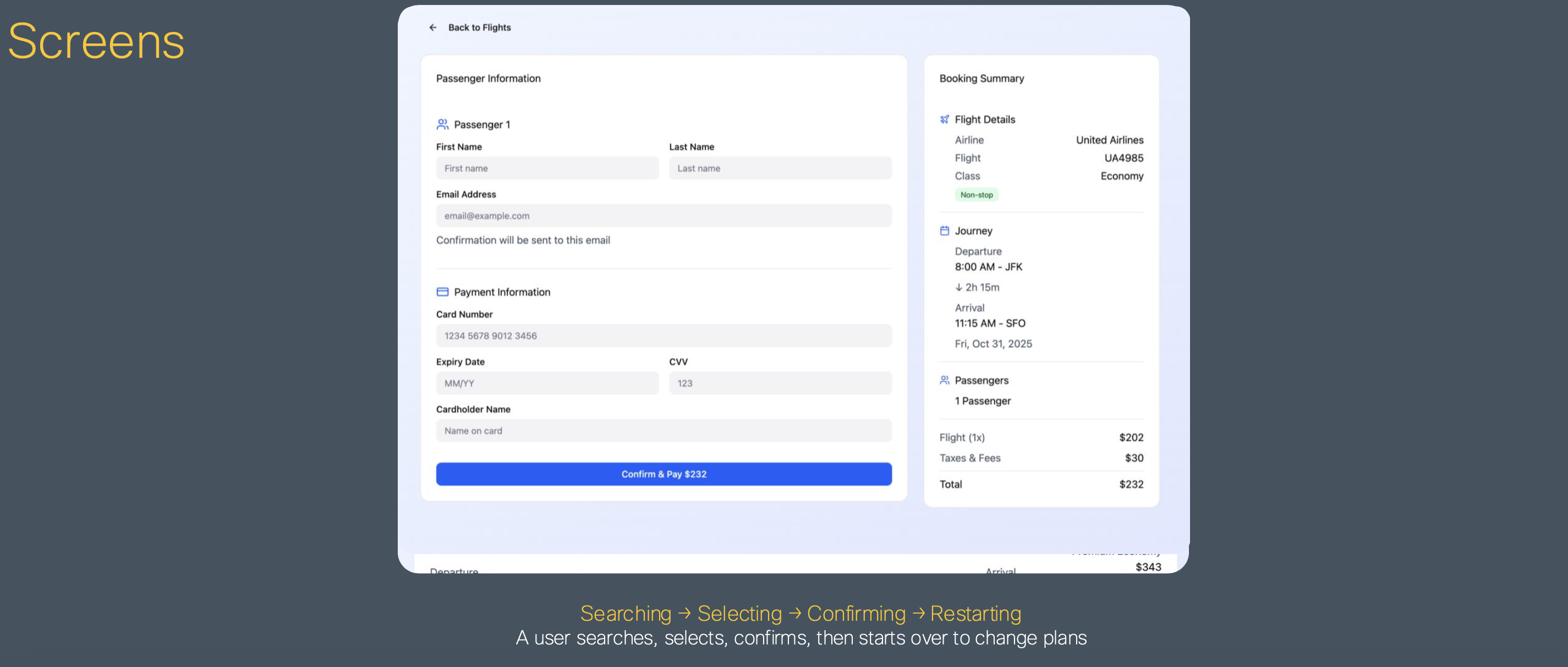 Screens: flight booking form: Searching, Selecting, Confirming, Restarting